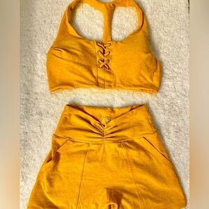 Bombshell Sportswear Yellow Laced Sports Bra and V Scrunch Shorts Set